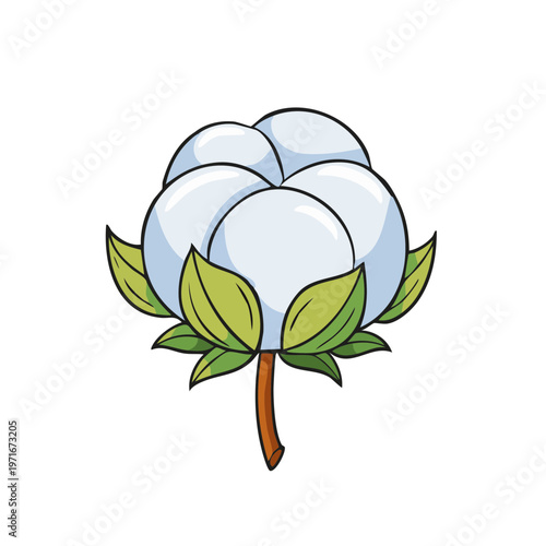 Delicate fluffy cotton boll illustration with green leaves and brown stem in simple cartoon style