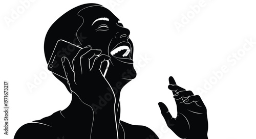 Expressive vector illustration of a person laughing heartily while speaking on a modern smartphone device.
