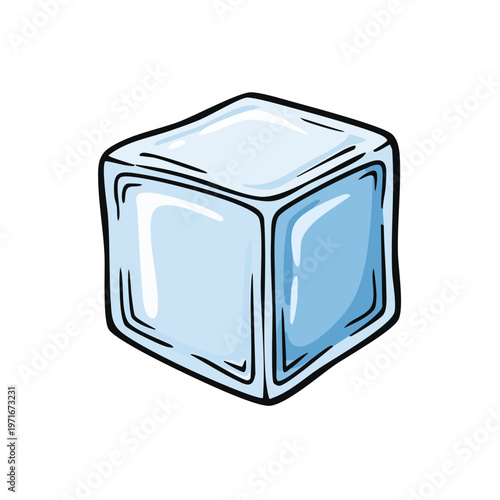 Transparent blue ice cube illustration with subtle shading and clean lines depicting a refreshing element