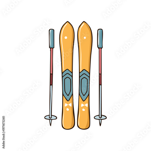 Pair of cartoon orange skis and poles with blue and pink accents ready for winter sports
