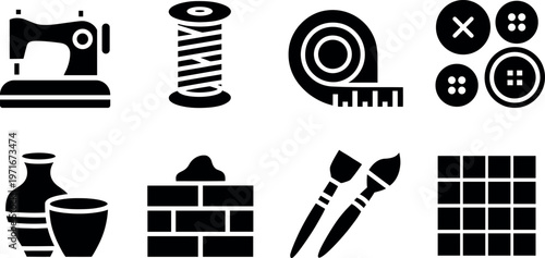 Collection of crafting and DIY icons including sewing machine thread buttons tape measure and pottery tools