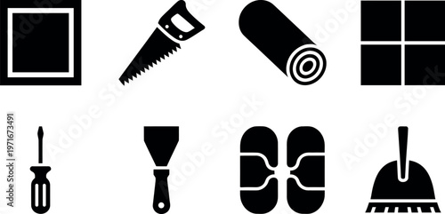 Collection of eight isolated black icons representing various tools and household items on a white background