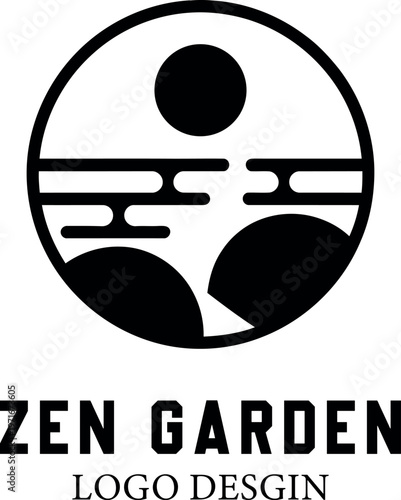 Minimalist black zen garden logo design with flowing lines and textual branding