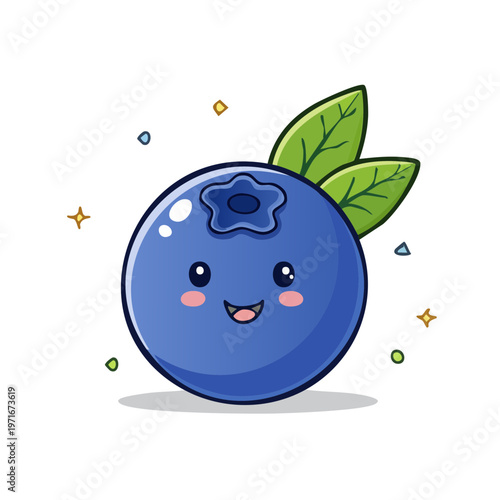 Cute cartoon blueberry character smiling with joy and sparkling with happiness