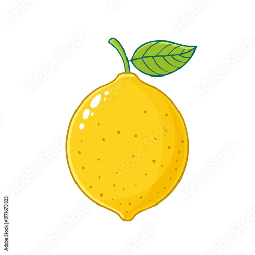 A bright yellow cartoon lemon with a green leaf and stem on a white background