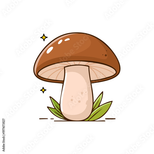 Cute cartoon brown mushroom with green leaves and sparkling stars