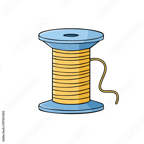 Cartoon illustration of a blue and yellow thread spool for sewing crafts and tailoring