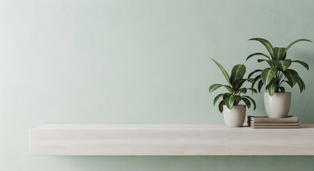 Minimalist light wood floating shelf zoom background with two potted plants and a stack of books against a soft pastel green wall.