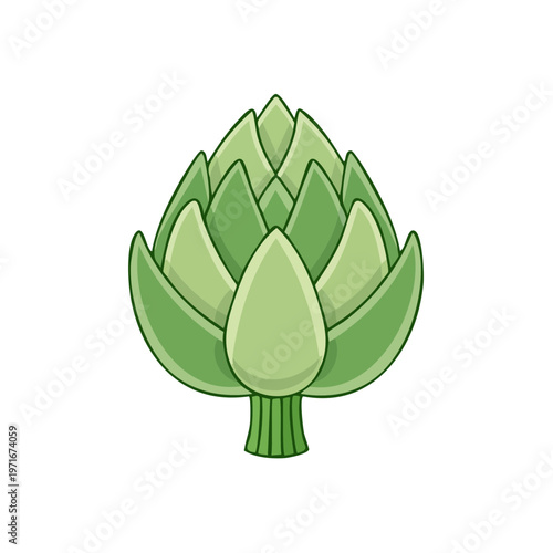 A stylized cartoon illustration of a fresh green artichoke vegetable with layered leaves and a textured stem