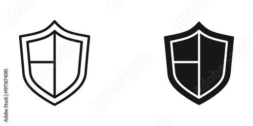 Contrast between empty and filled shield symbols with central cross designs