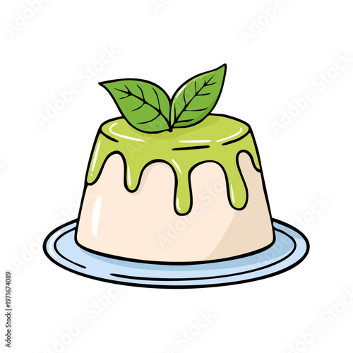 Creamy panna cotta dessert with green matcha glaze and fresh mint leaves on a blue plate