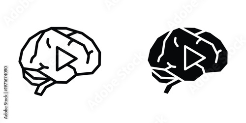 Contrasting brain illustrations with play button overlays representing media or activity triggers