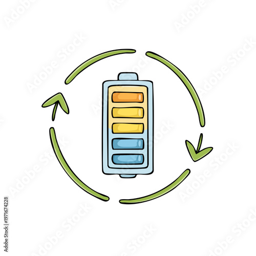 Recycling symbol arrows around a cartoon battery icon representing energy and power