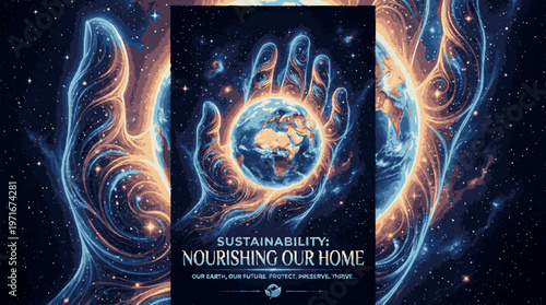 Hands cradling earth globe with swirling space background and sustainability slogan