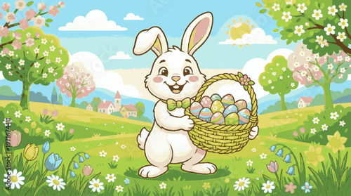 Happy easter bunny holding colorful eggs in basket on sunny spring day with blooming flowers