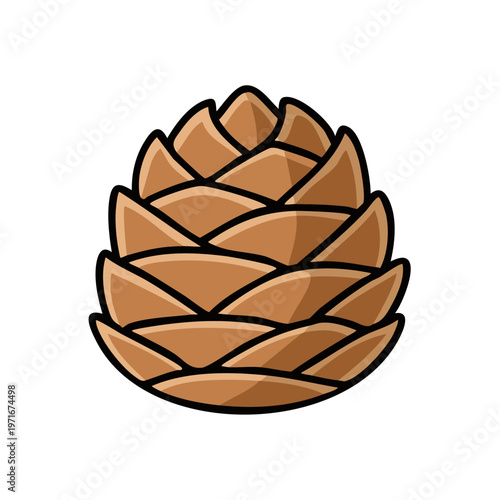 Stylized illustration of a single brown pine cone with layered scales and dark outlines