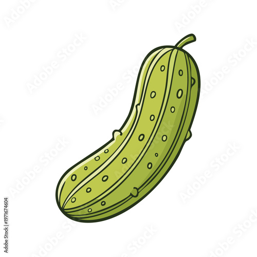 Cartoon illustration of a single green bumpy pickle with a stem