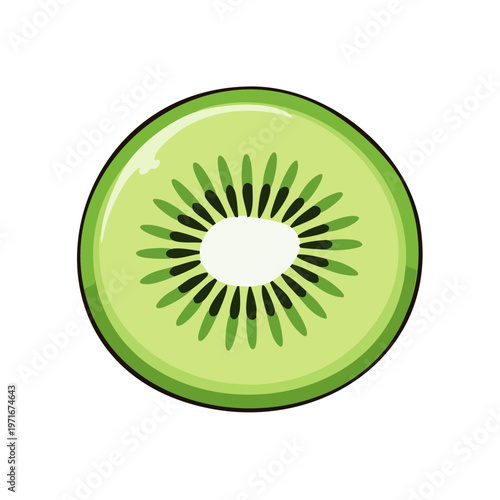 Vibrant slice of kiwi fruit with green flesh and black seeds, isolated on white