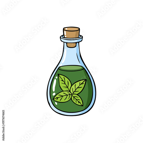 Glass flask filled with green liquid and leaves cork stopper on white background