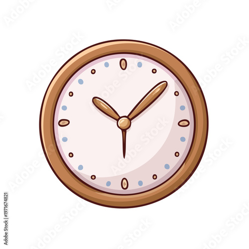 Hand drawn cartoon analog clock face with wood frame and simple hour and minute hands indicating time