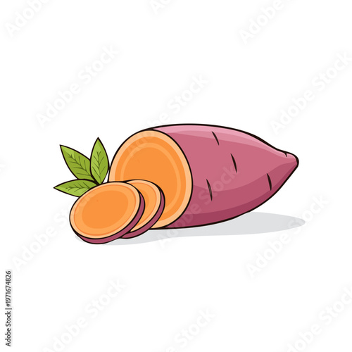 Vibrant illustration of a whole and sliced sweet potato with green leaves