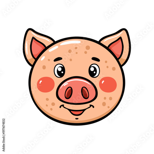 Charming cartoon pig face with rosy cheeks and happy expression, vector illustration