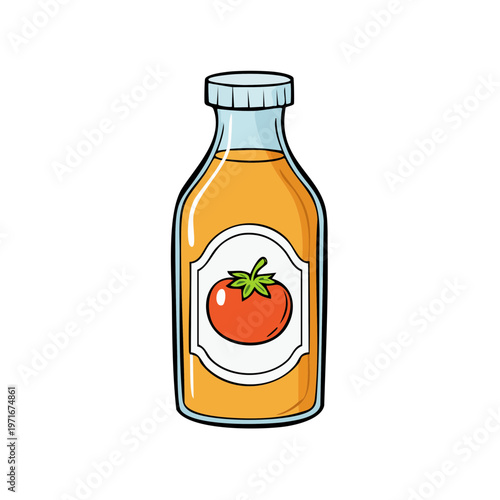 Cartoon bottle of tomato juice with a red tomato on the label illustration