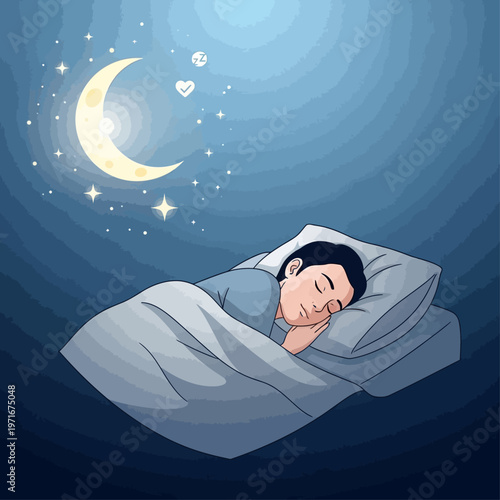 Woman Sleeping Peacefully Under Moonlight Cartoon.