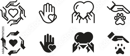 Charity and kindness icon set, 8 volunteer and care vector symbols, black heart and hand line art for non-profit organizations and animal rescue