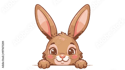 Cute cartoon rabbit peeking with big brown eyes and smiling on white background