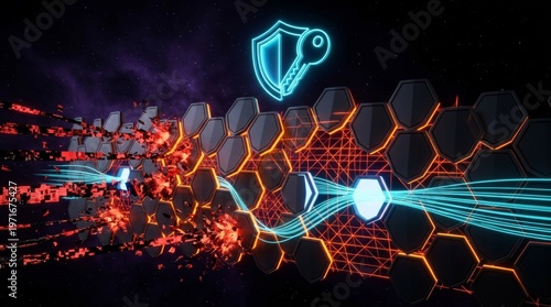 Cyber security firewall protection with glowing shield and honeycomb network defending against malicious attacks in a futuristic digital environment with neon lights