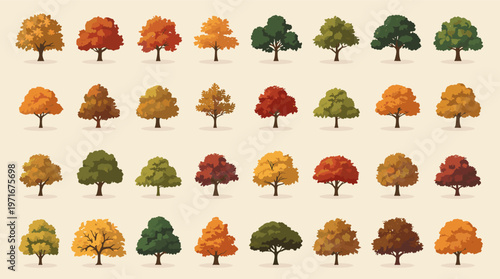 A calming illustration of trees in varying autumnal shades. Perfect for backgrounds, seasonal designs, or representing growth and nature in marketing 