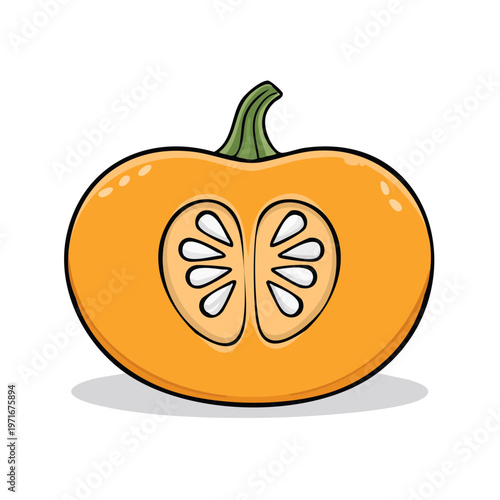Cartoon illustration of a halved pumpkin showing seeds and flesh with a green stem