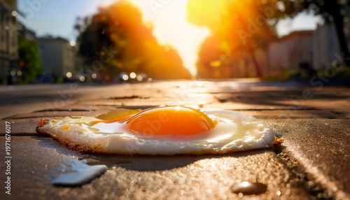 an egg frying on a sidewalk in the hot sun in the summertime high temperatures in summer weather