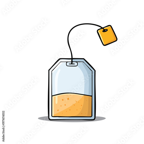 Hand-drawn illustration of a single tea bag with a yellow tag and string
