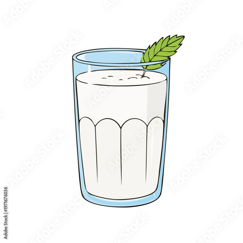 A refreshing glass of white beverage with a mint leaf garnish on top