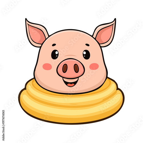 Cute cartoon pig head with a smiling expression and rosy cheeks wearing a golden collar