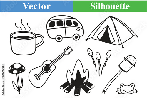 Camping Adventure Icon Set with Coffee Cup Van Tent Guitar Campfire Mushroom Marshmallow Frog Silhouette Vector