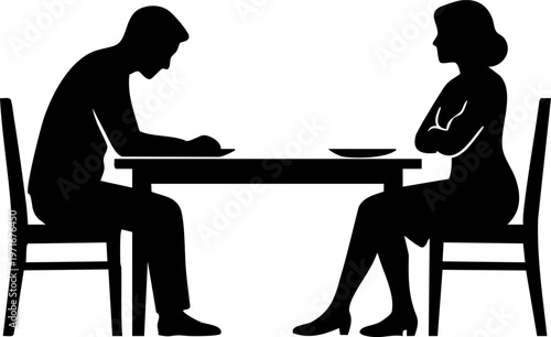 Silent Couple Sitting at Table Silhouette, Relationship Conflict and Communication Breakdown Concept