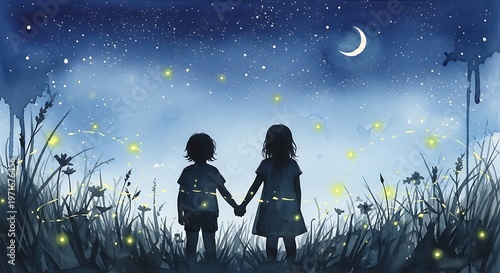 Two children holding hands in a field of tall grass under a starry night sky with fireflies glowing.