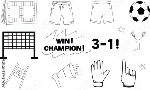 Soccer championship set with goal, ball, trophy, shorts, and fan items