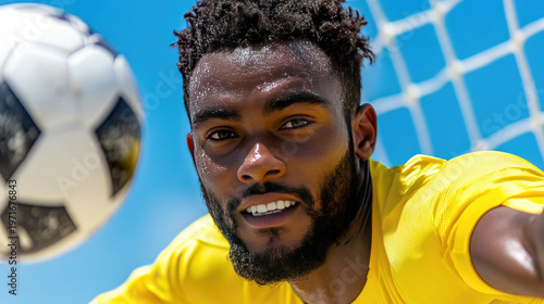 Goalkeeper making a vital save, diving to block a soccer ball in mid air, defending the goal during an intense beach soccer match under a clear blue sky