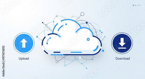 Cloud storage illustration with upload and download icons on a light blue background