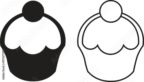 Minimalist cupcake vector icons, black and white muffin symbols with cherry topping, simple bakery dessert line art, flat food graphics for menu design