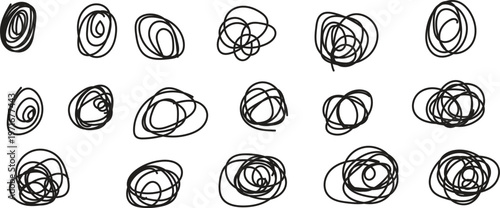 Collection of hand drawn scribbled circular shapes and swirling patterns on white background