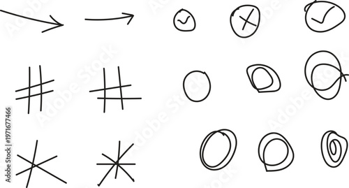 Hand drawn check marks and crosses in various styles and shapes on white background