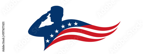 Saluting Soldier Silhouette with Waving American Flag – USA Patriotic Military Logo Design for Memorial Day, Veterans Day, Independence Day, Greeting Card, Poster, Sticker, Badge, Social Media Post