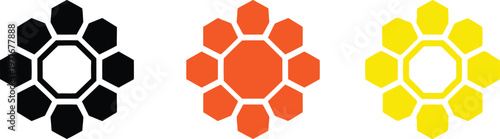 Three geometric flower designs composed of hexagons in varying colors and shading Vector