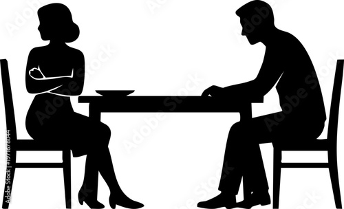 Unhappy Couple Sitting at Table in Silence Silhouette, Relationship Conflict and Emotional Distance Concept