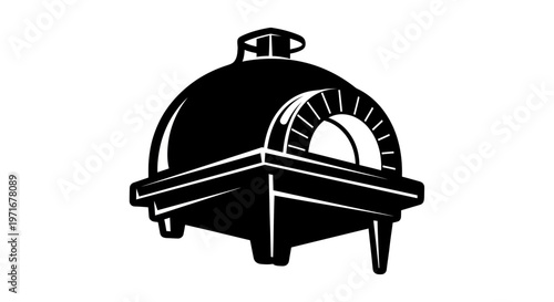 Black and white vector illustration of a traditional outdoor wood-fired pizza oven with chimney and thermometer.